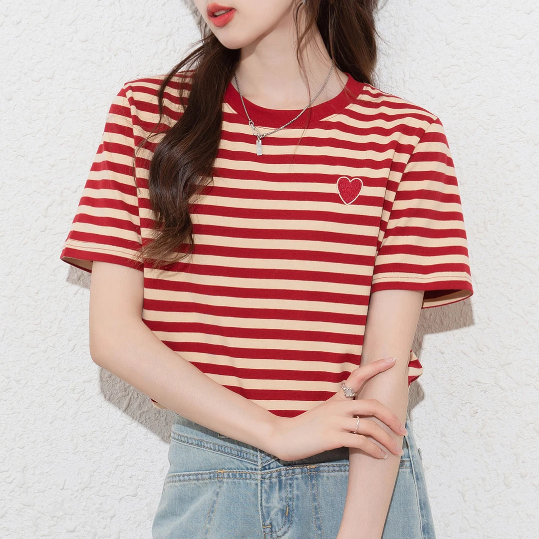 夏季新品女款时尚条纹短袖T恤半袖ins红色百搭女式休闲上衣