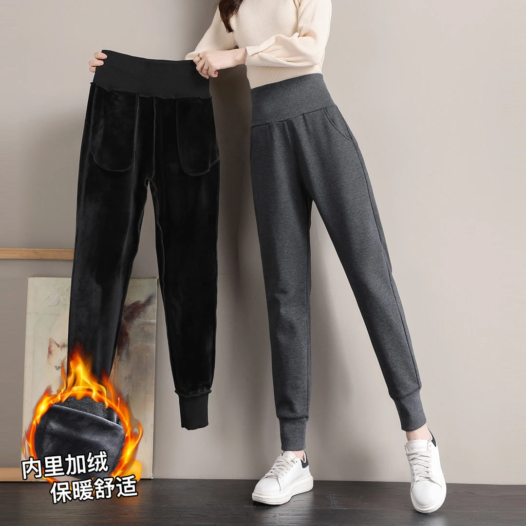 女款时尚休闲运动加绒加厚保暖卫裤子冬季显瘦高腰