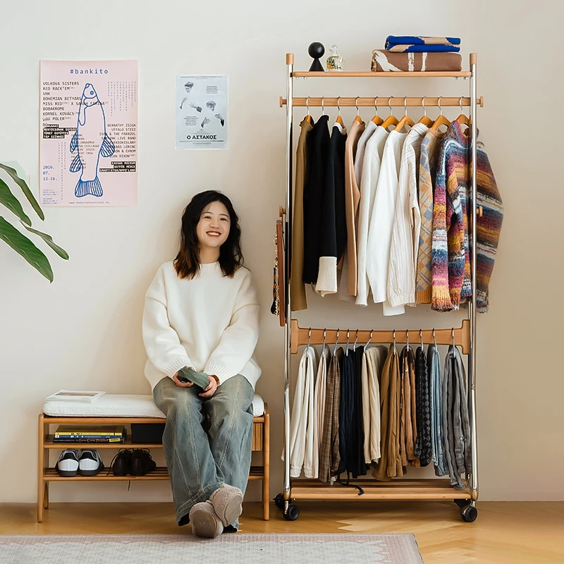 木邻木邻麦兜不锈钢衣架家用多功能挂衣架卧室收纳架可移动衣帽架
