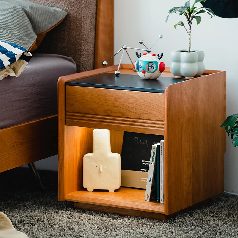 木邻【全新特价】慕莱床柜实木岩板樱桃木床头置物柜多功能带灯小型