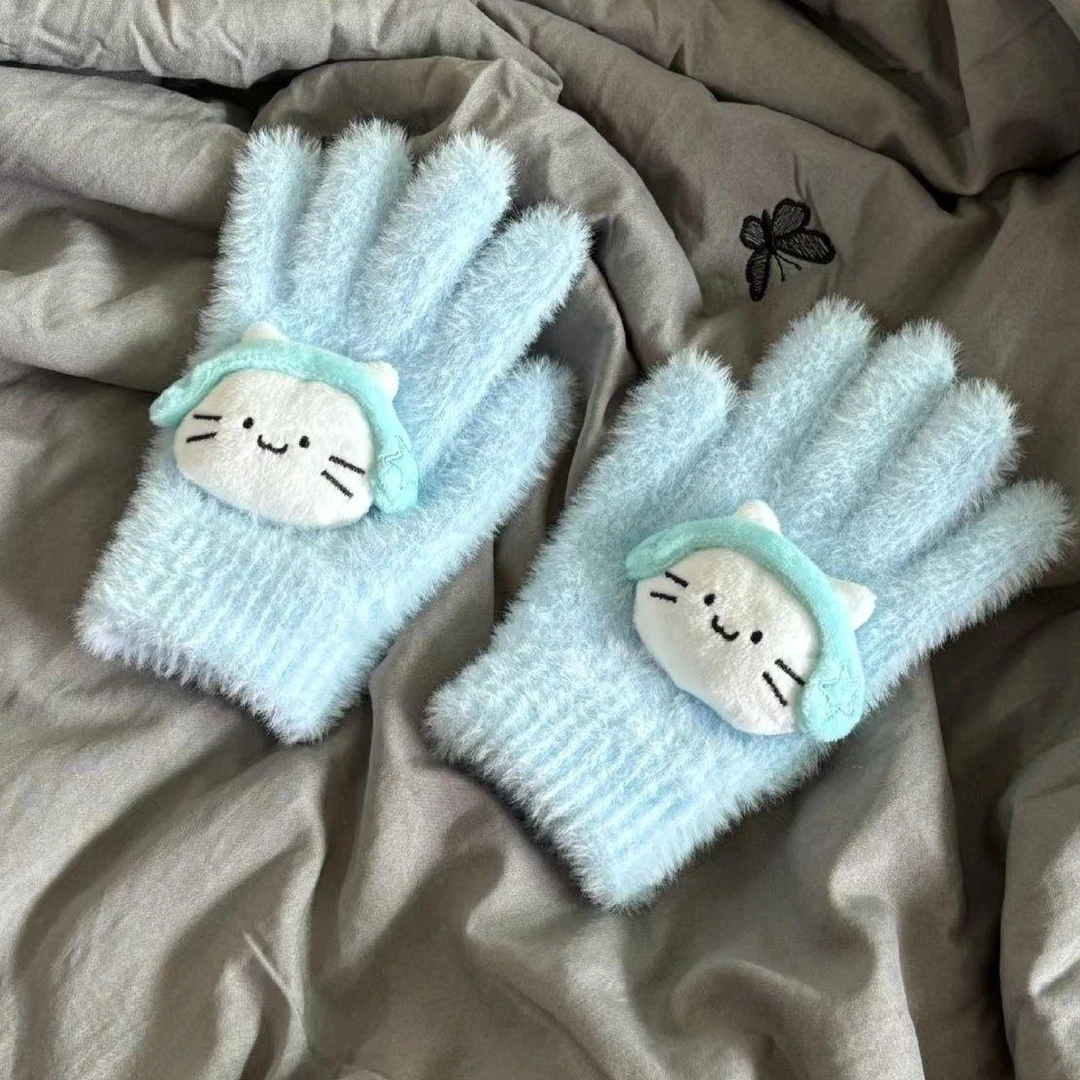 奶蓝耳机小猫仿貂毛绒手套ins高颜值白色冬季保暖分指学生骑车女