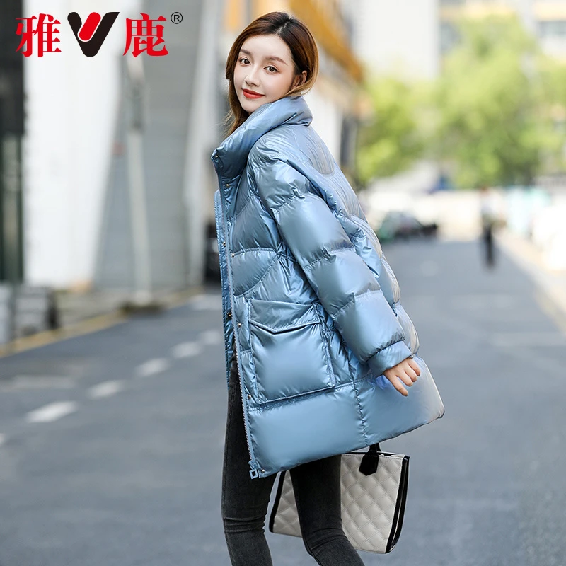 雅鹿品牌羽绒服女2023年新款立领亮面冬季爆款鸭绒蓝色品牌外套潮