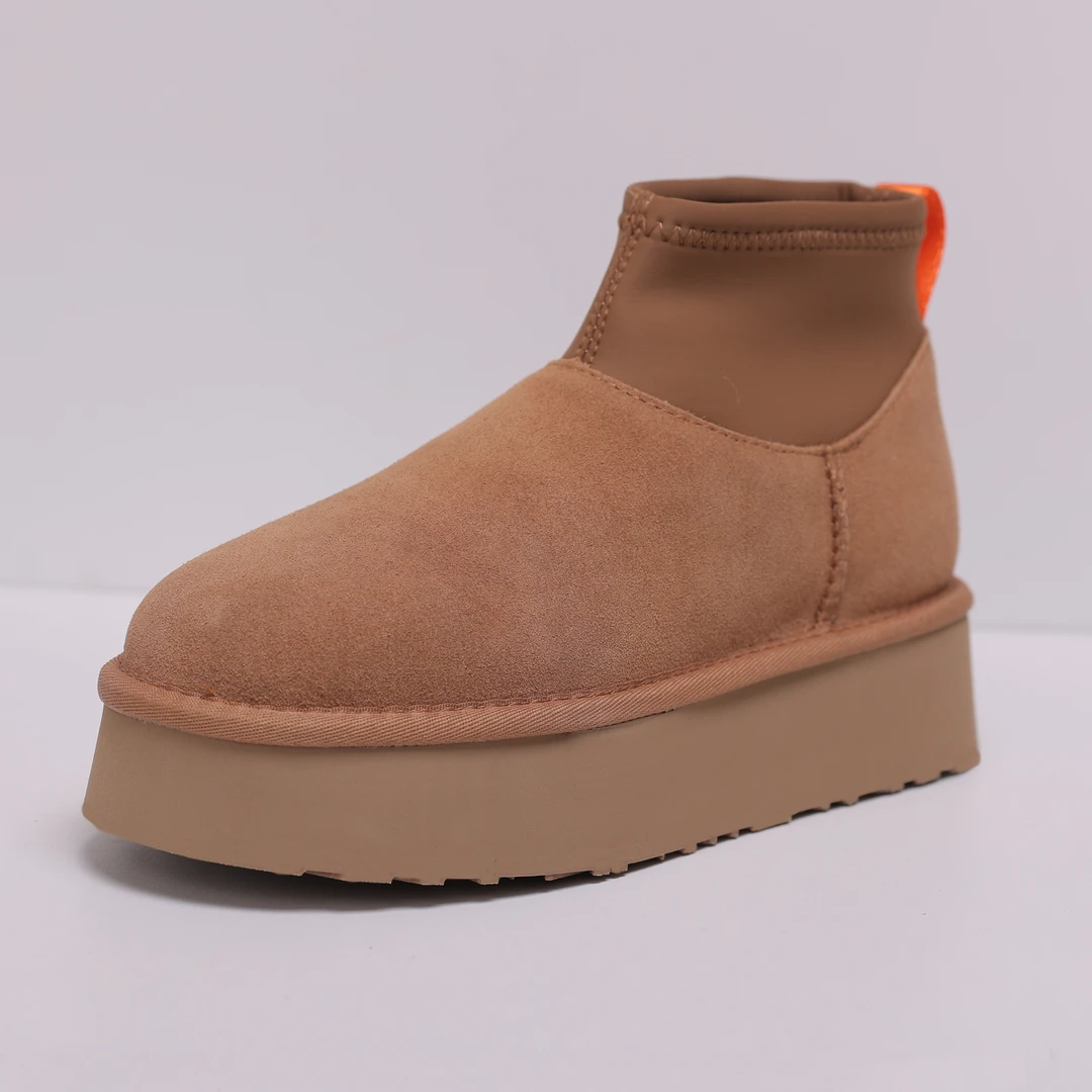 小弹力布铅笔靴厚底4CM河南桑坡雪地靴皮毛一体小个子女生短款