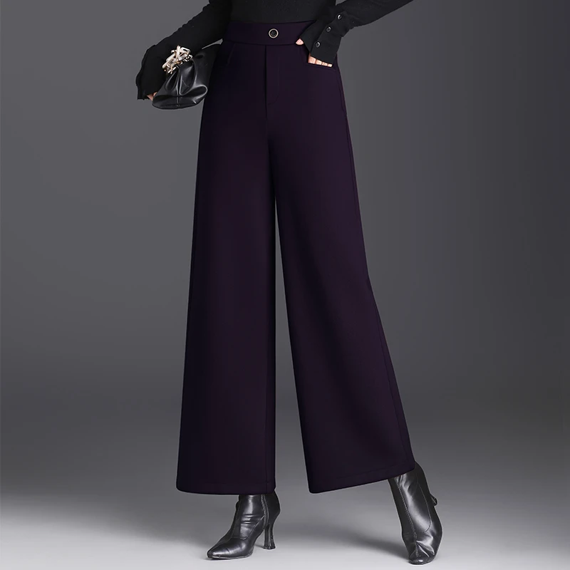 2025春秋新款毛呢阔腿裤高腰显瘦时尚百搭黑色休闲垂感宽松厚款