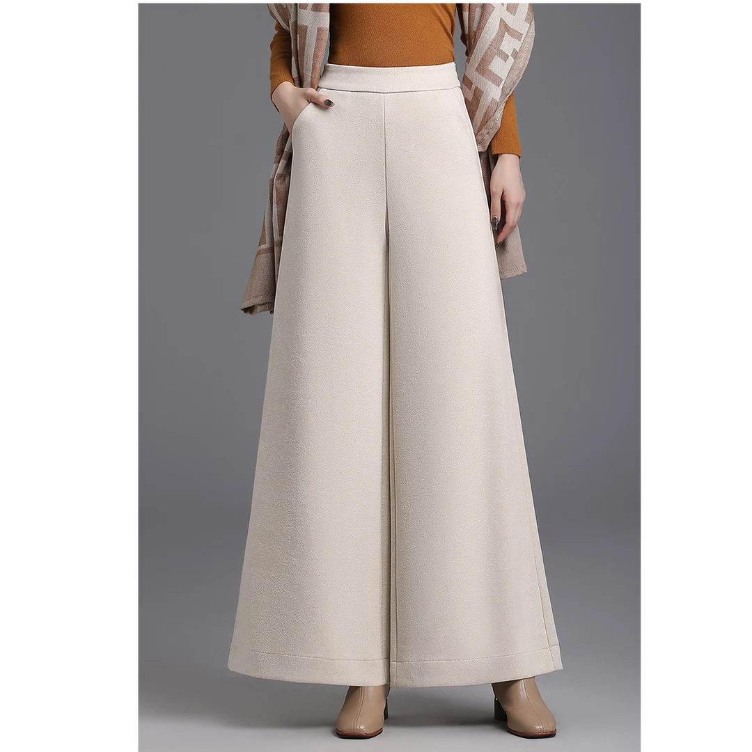 秋冬毛呢阔腿裤时尚休闲裤阔腿裤松紧腰毛呢长裤百搭风九分垂感