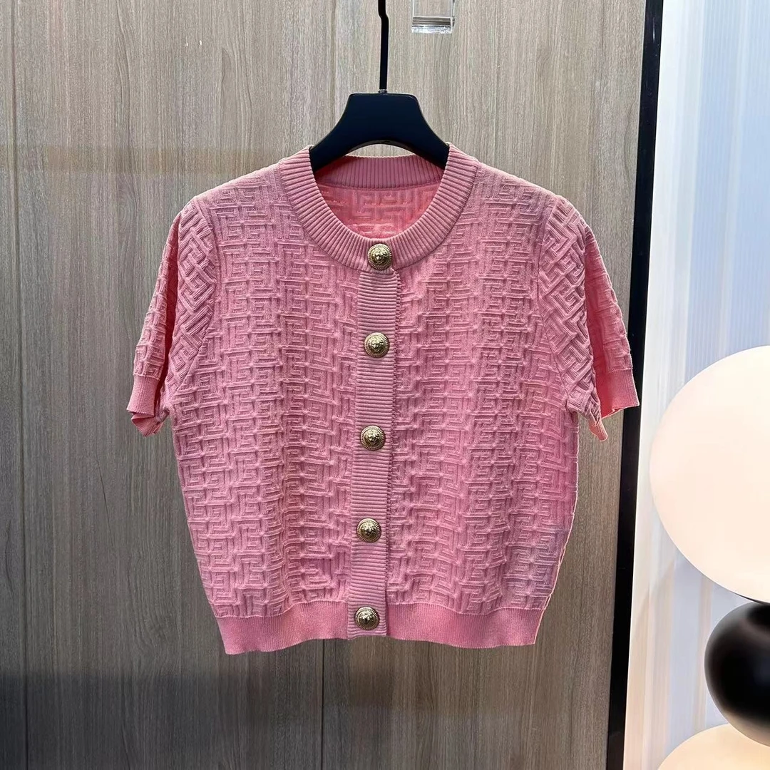 迷宫格针织衫开衫金属扣短袖上衣新颖时尚