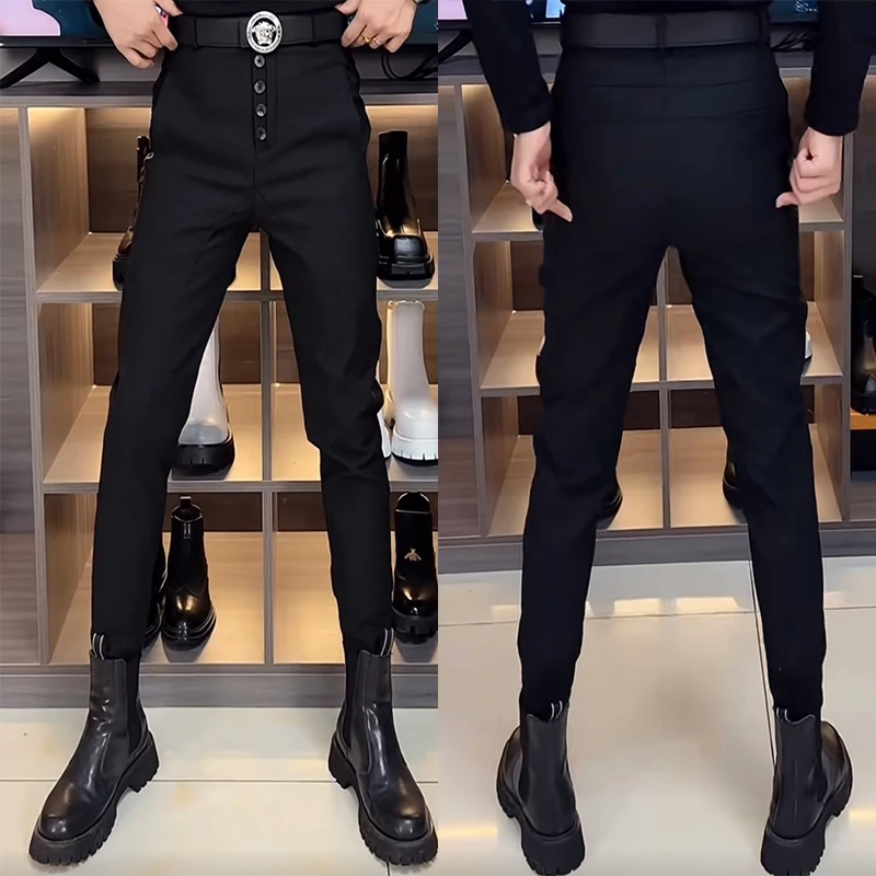 网红同款修身小脚西裤个性纽扣设计束脚裤高级感显高韩版马丁靴裤