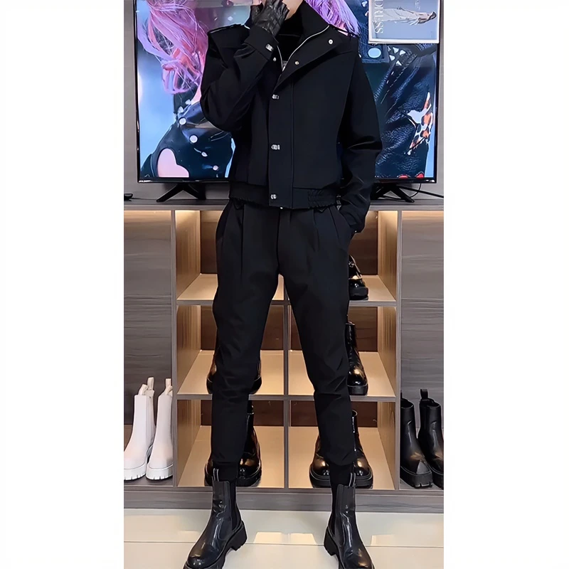 春秋痞帅男装立领夹克两件套机车风短款廓形上衣工装外套休闲宽松