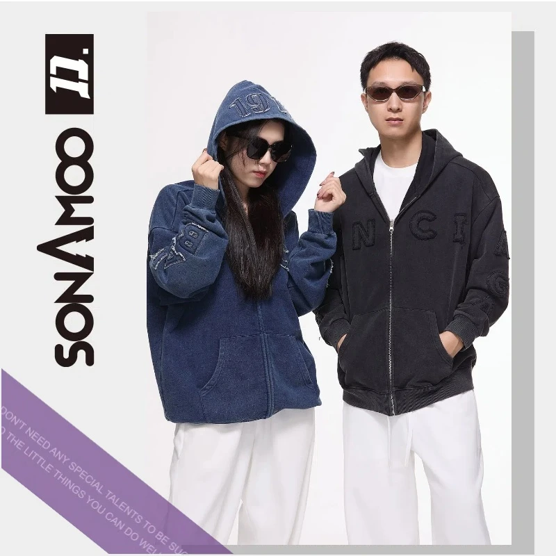 【开春上新】sonAmoo高街双面穿重磅贴布绣洗水卫衣百搭男女5501
