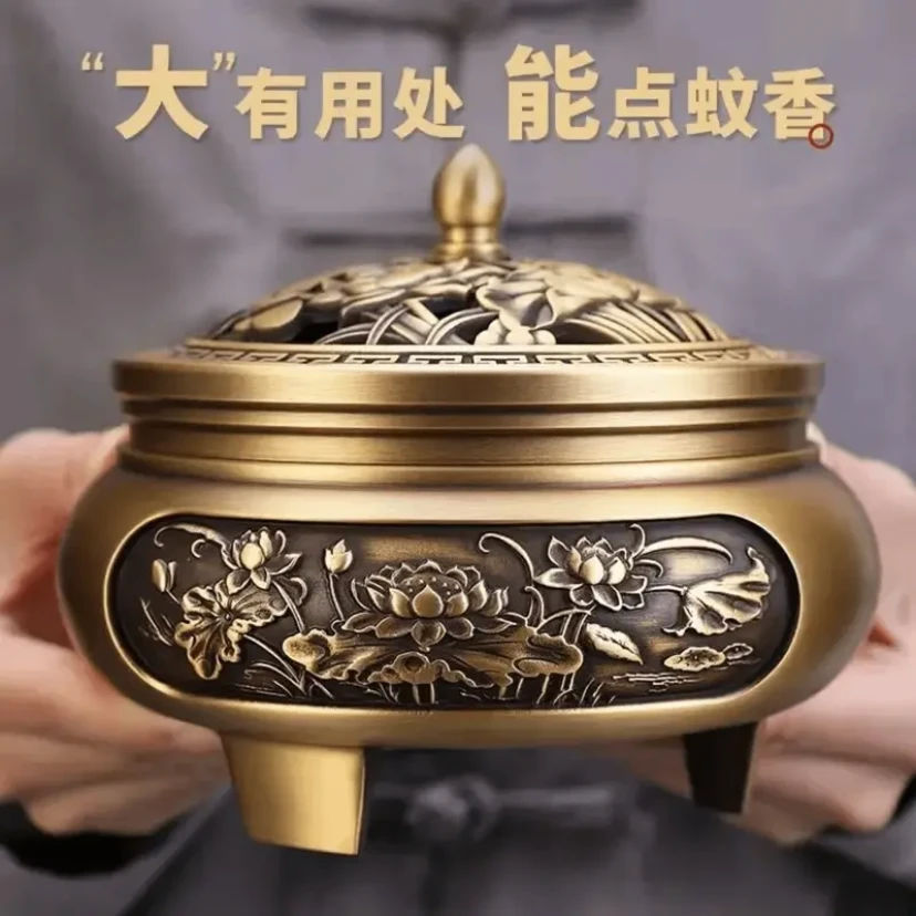 黄铜荷花三足超大号香炉客厅正堂熏香家用办公室卧室檀香实用