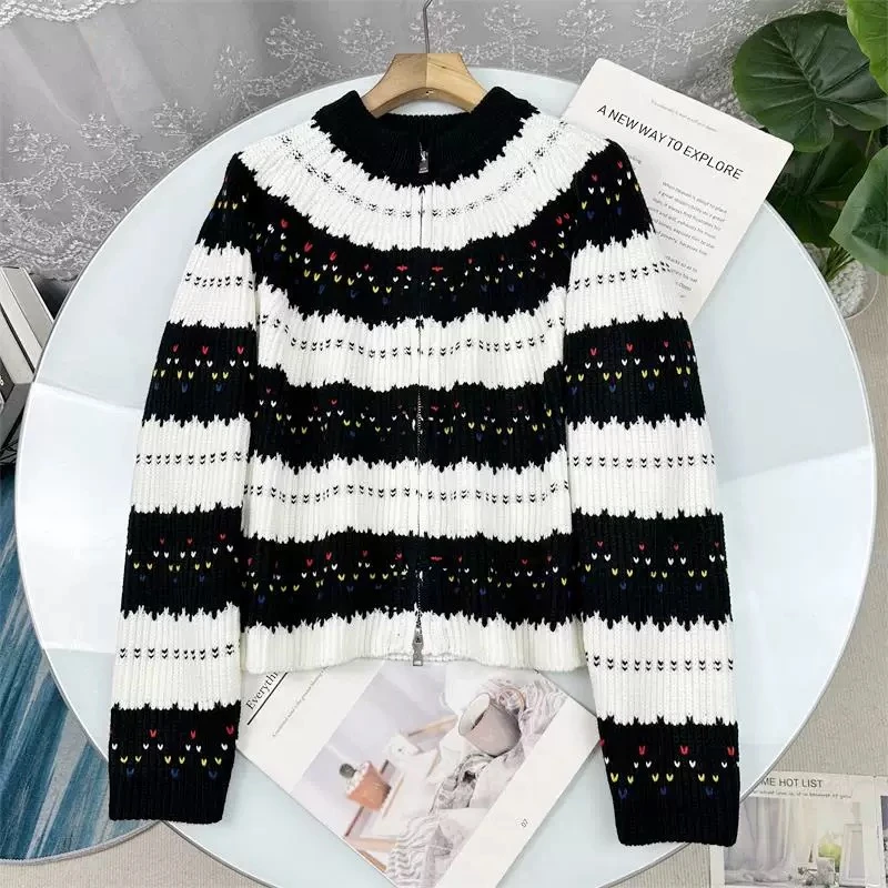 【跳跃彩波】秋冬慵懒风高级感超好看的条纹针织毛衣上衣女款.Y7533