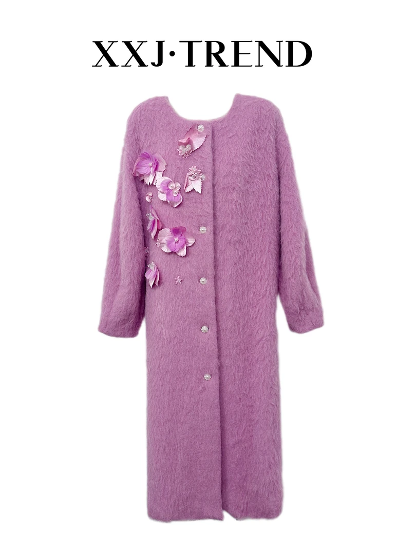 XXJ 漫舞 轻奢百搭新款单侧立体贴花女装大衣长款时尚洋气 （6549）