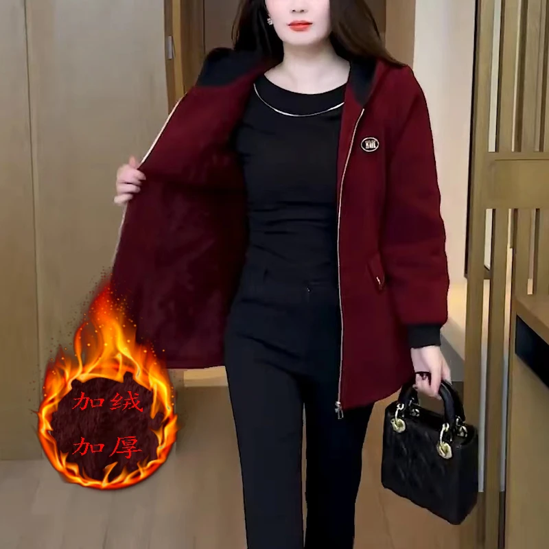 加绒加厚连帽外套女2024秋冬新款洋气显瘦中长款休闲保暖夹克上衣