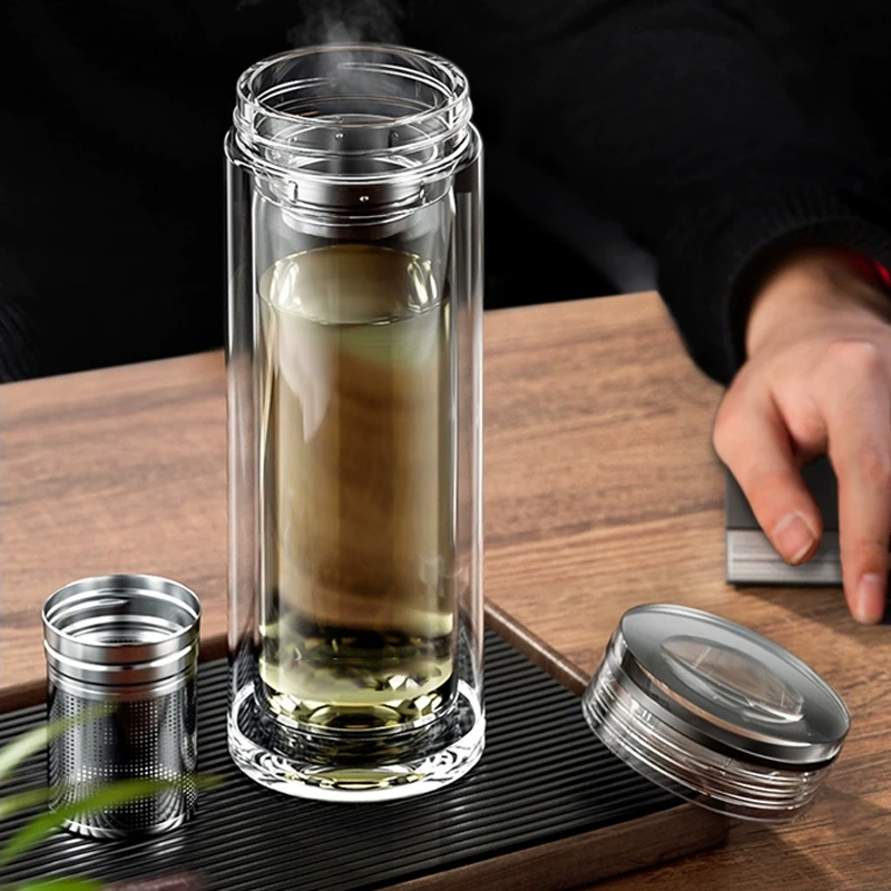 索赫双层玻璃杯男士高档泡茶杯车载隔热茶杯个人专用透明水杯子女