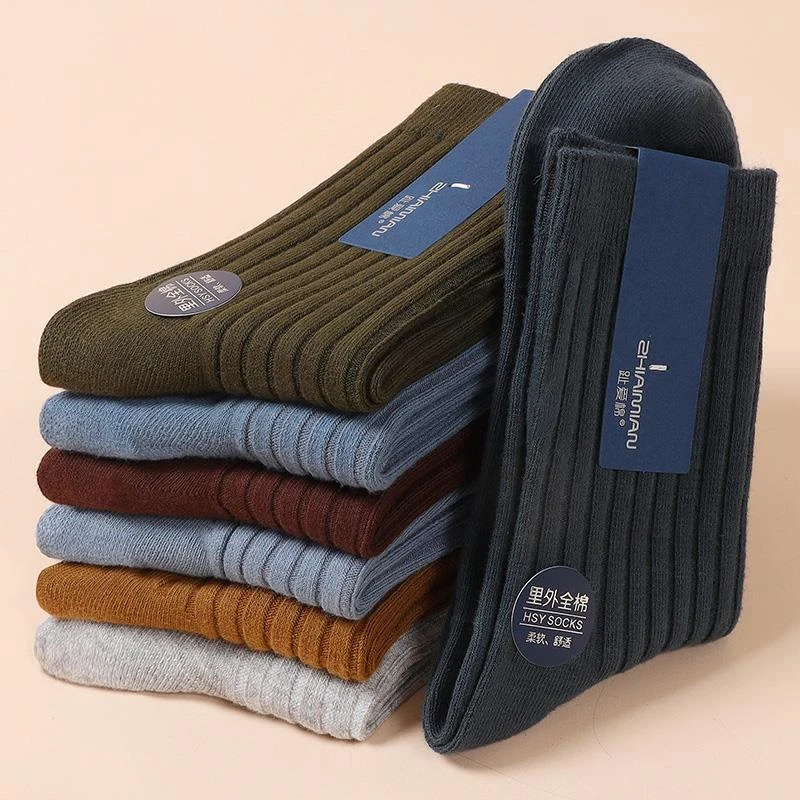 袜子男士中筒袜春秋款加厚双针纱线吸汗商务长袜男