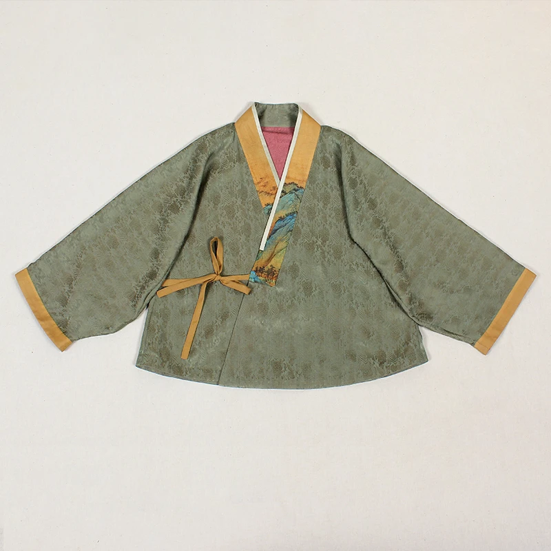 【碧瑶】复古新中式纯手工桑蚕丝香云纱中国风提花女士系带上衣