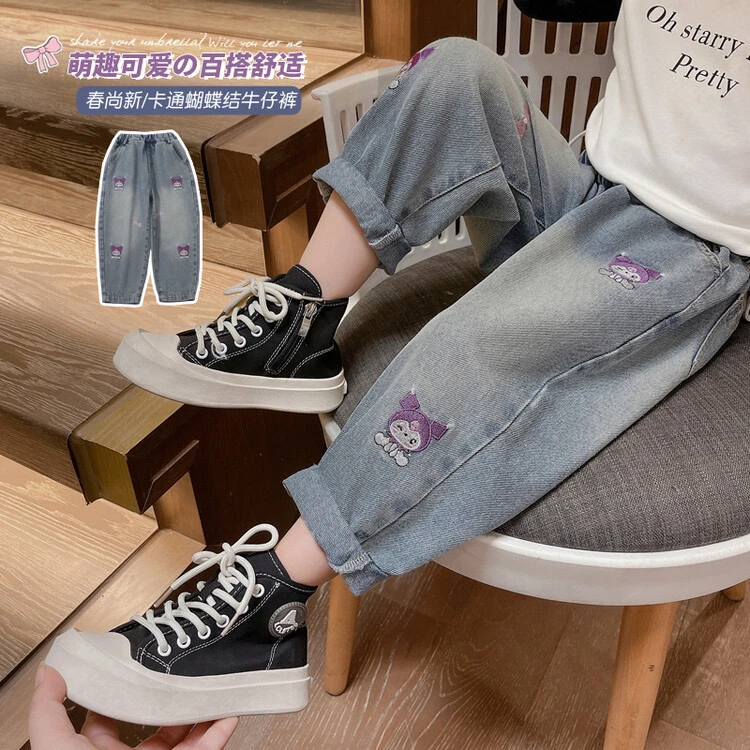 2025春秋儿童库洛米宝宝女孩牛仔裤加绒韩版女童宽松百搭卡通长裤