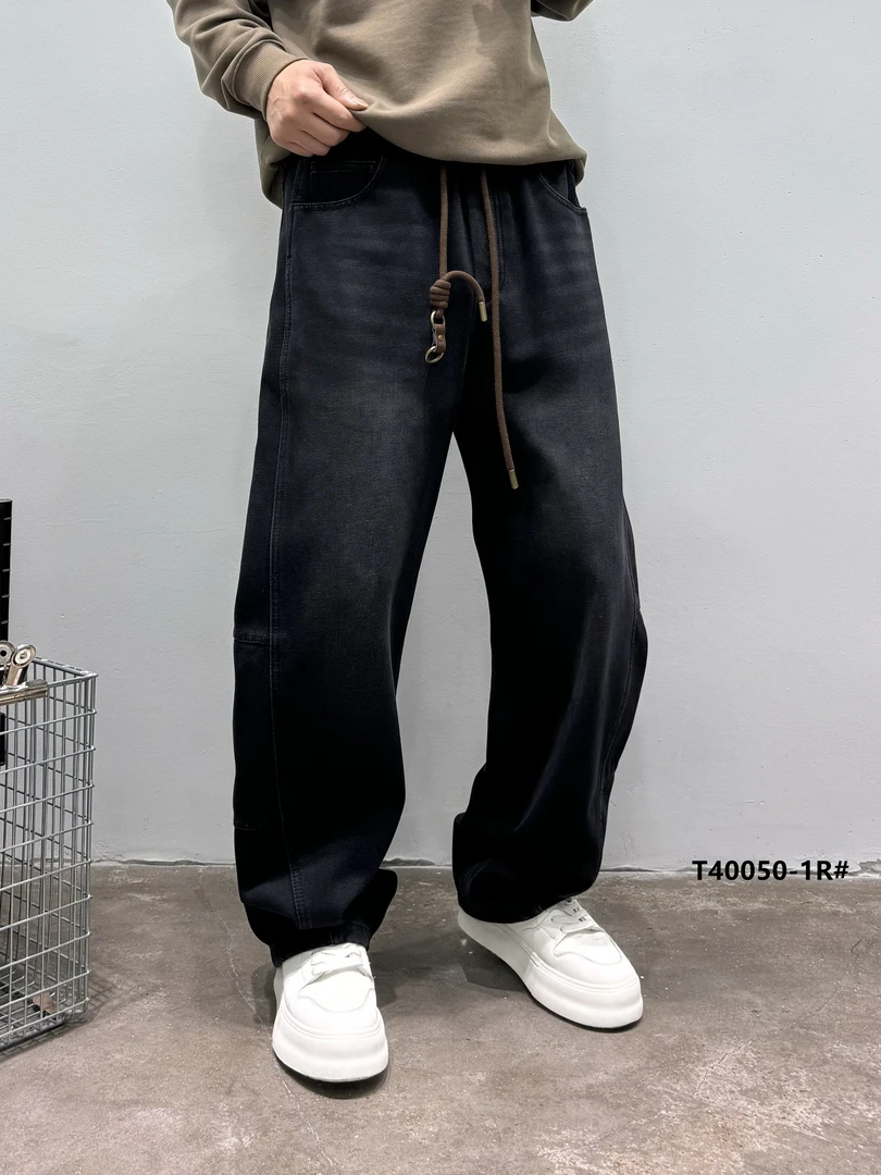 冬季男士美式潮流休闲高街百搭复古抽绳直筒牛仔裤T40050-1R