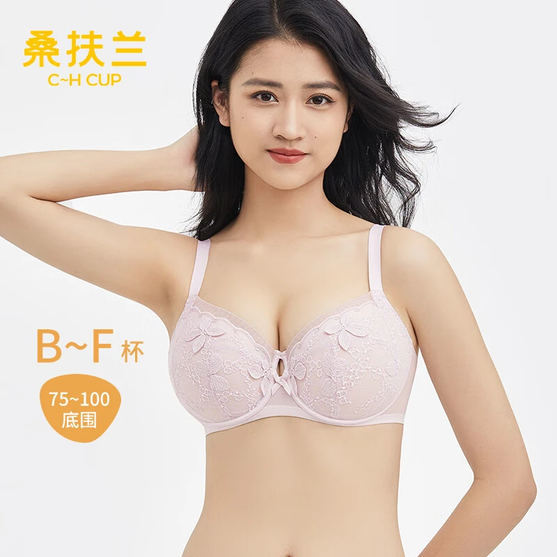 桑扶兰全罩杯薄款大胸显小侧收副乳蕾丝刺绣软钢圈内衣S8036017