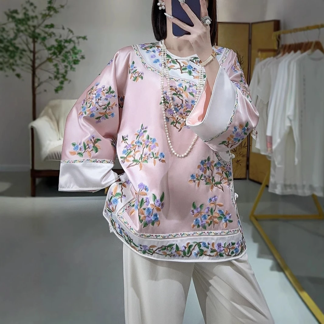 新中式国风醋酸重工刺绣上衣改良清汉复古斜襟太太服手工盘扣女外