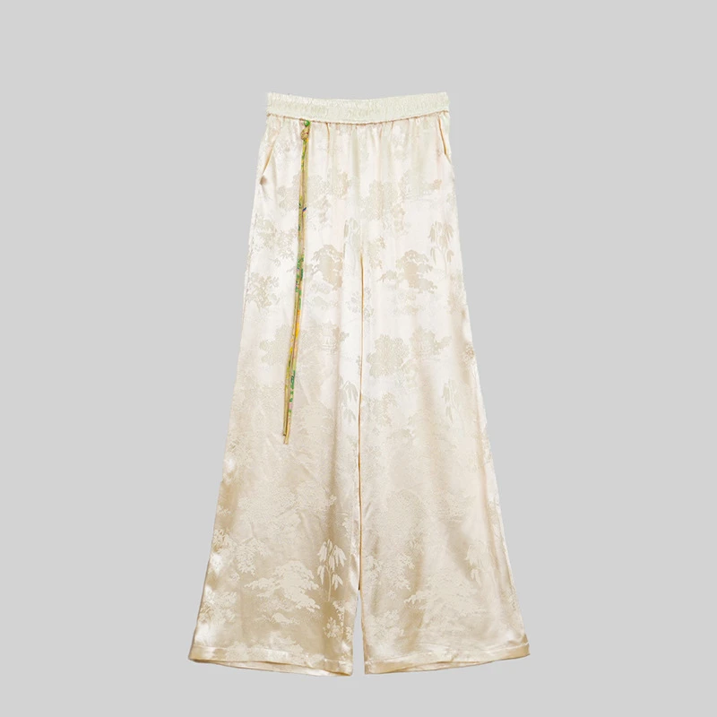 新中式复古国潮提花民族风休闲日常阔腿裤松紧腰加长款垂感长裤