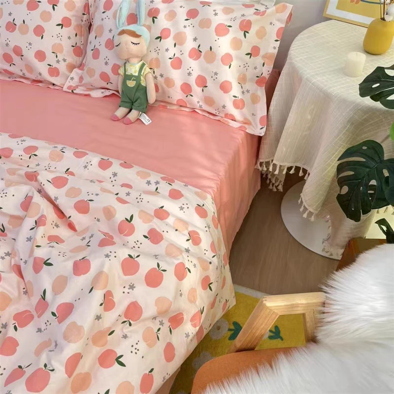 平安果学生宿舍被罩四件套--纯棉可爱保暖田园印花床单被套四件