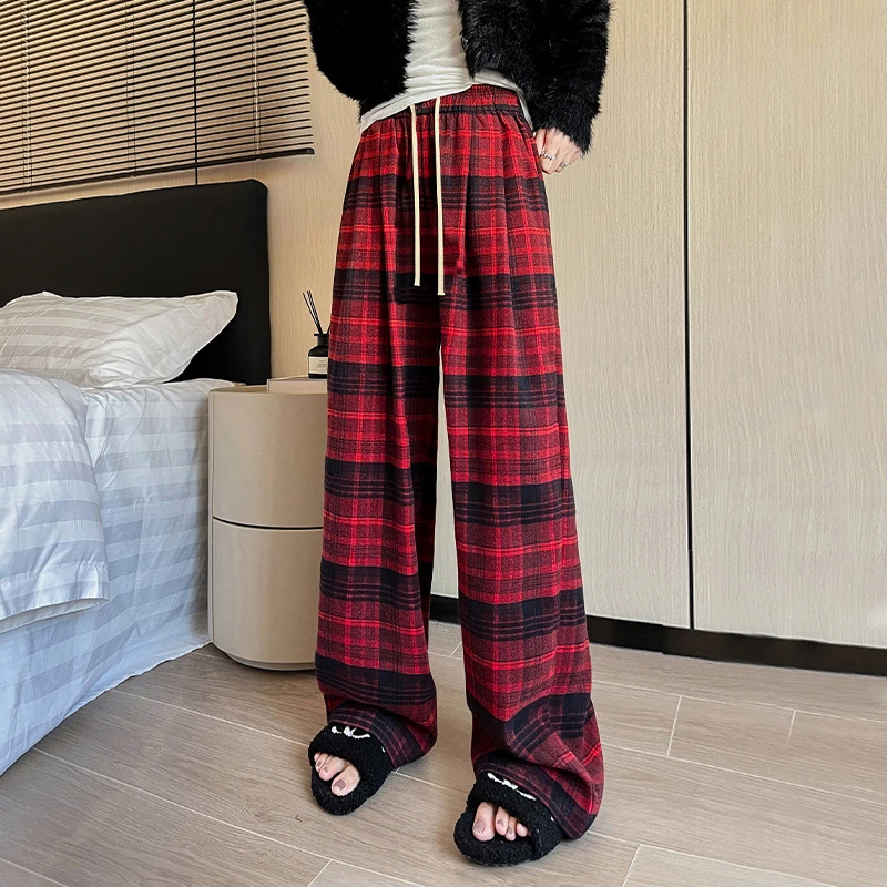 2024早秋美式复古磨毛红色格子裤女外穿直筒休闲宽松百搭拖地长裤