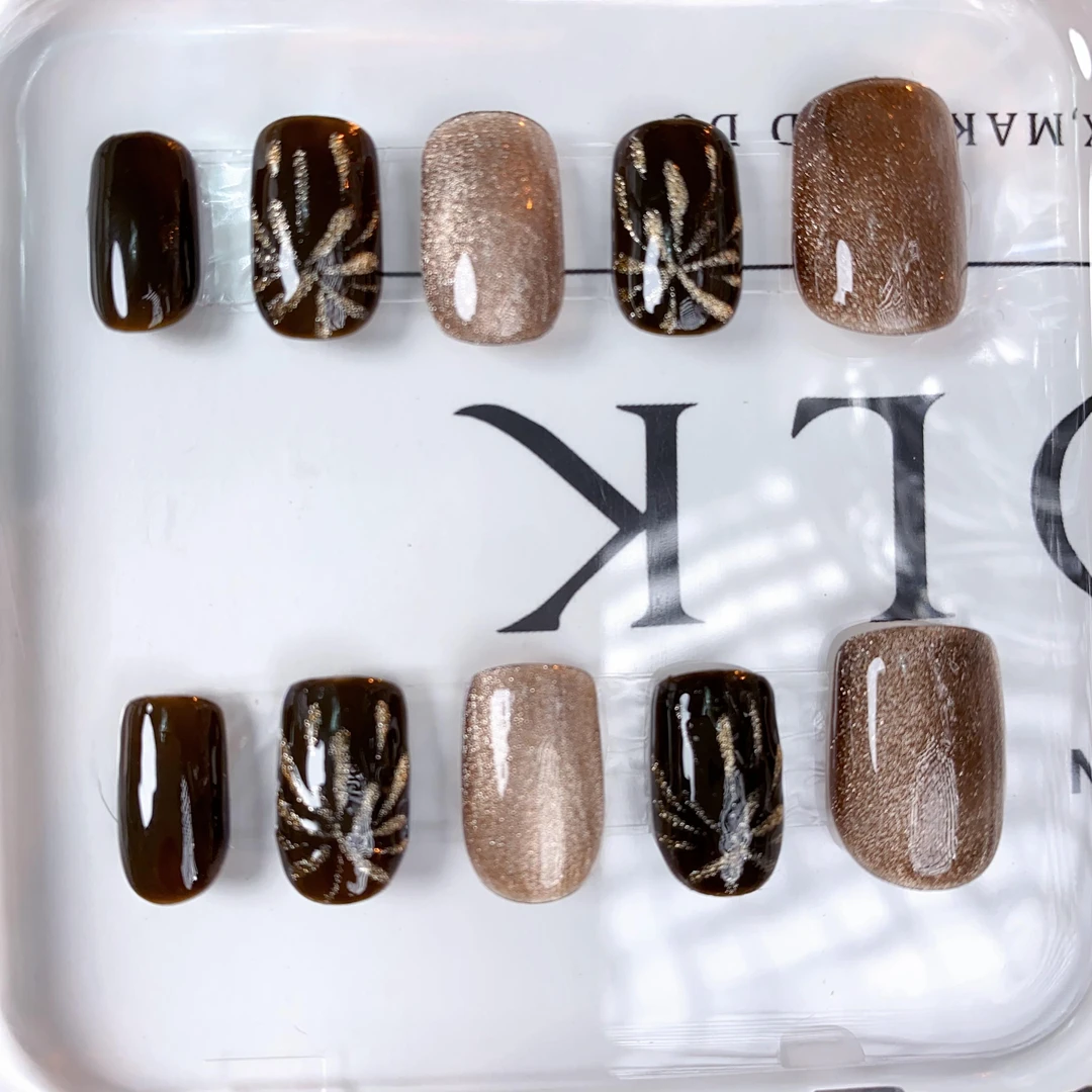 【S码】纯手工穿戴甲美拉德金棕色烟花猫眼美甲时尚930650超短梯