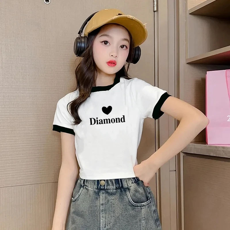 女童短袖T恤夏季2025新款儿童撞色修身薄款洋气童装短款上衣夏装