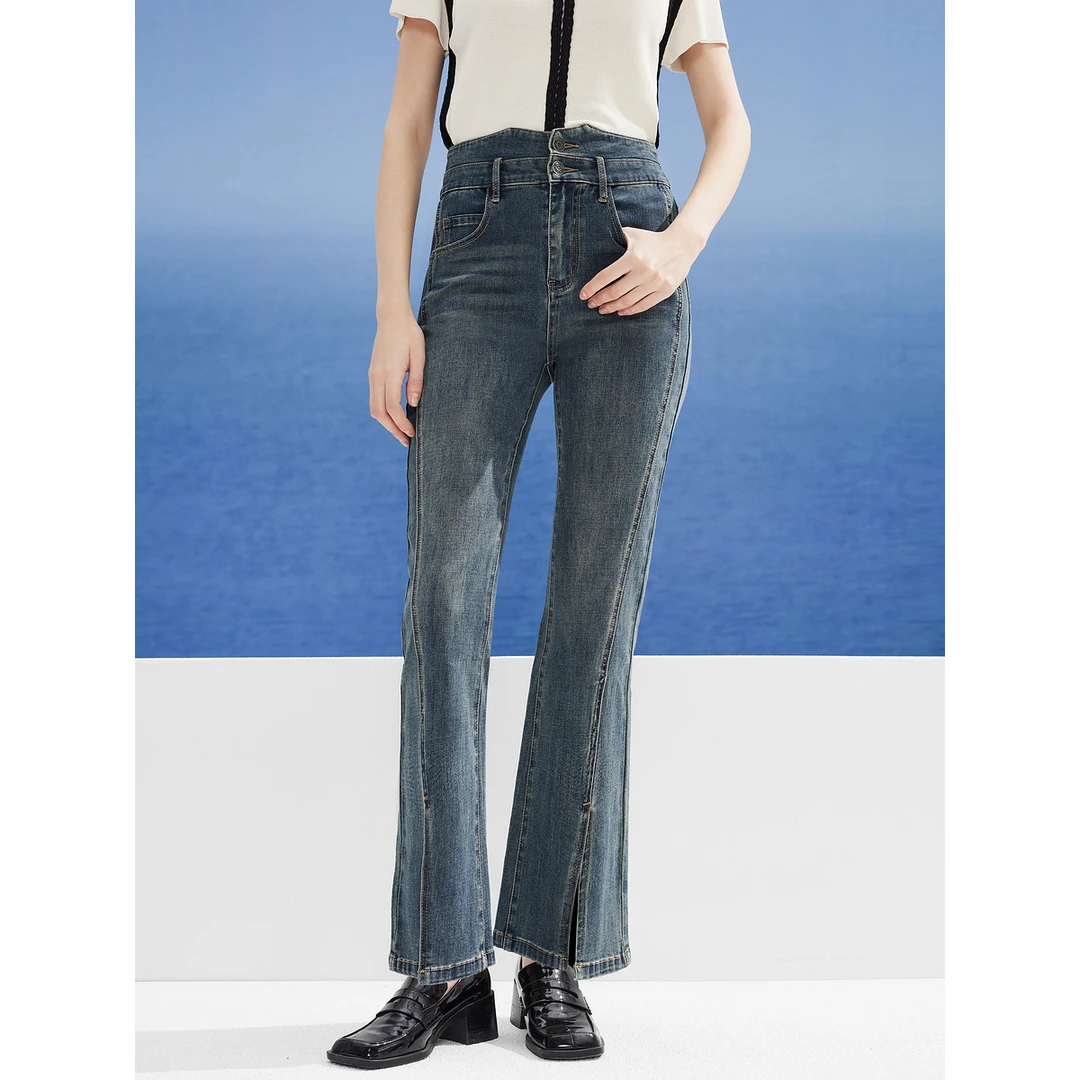 DKNY【时尚开叉】高腰微喇叭不规则缝线显瘦女式牛仔裤A415