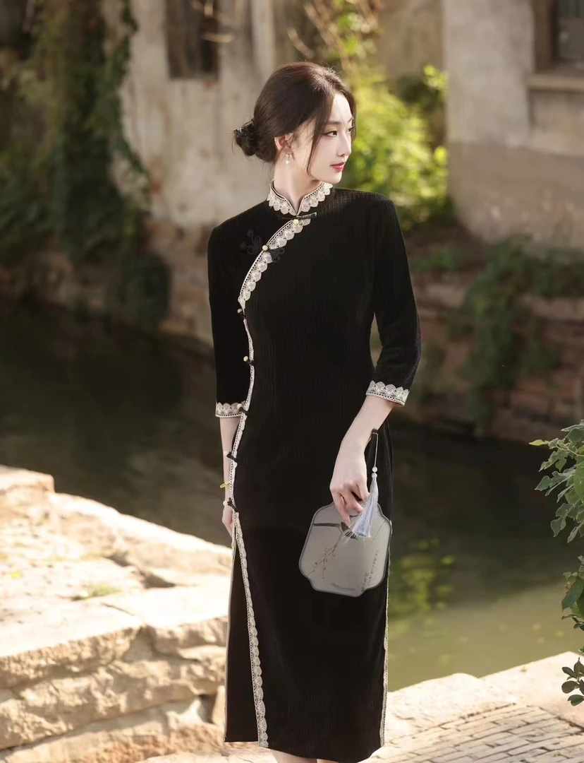 【雪尼尔】中国风改良复古国风蕾丝花边旗袍新款收腰显瘦A-2