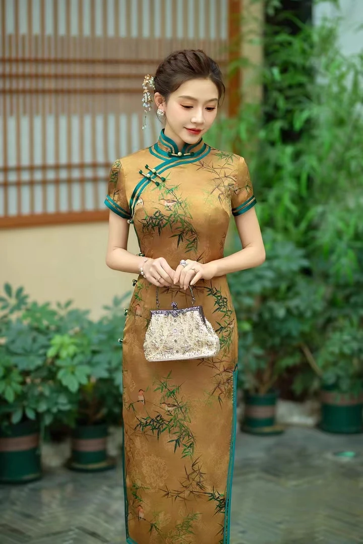 【馨竹】中国风重磅提花显瘦旗袍夏季长款日常优雅气质A24