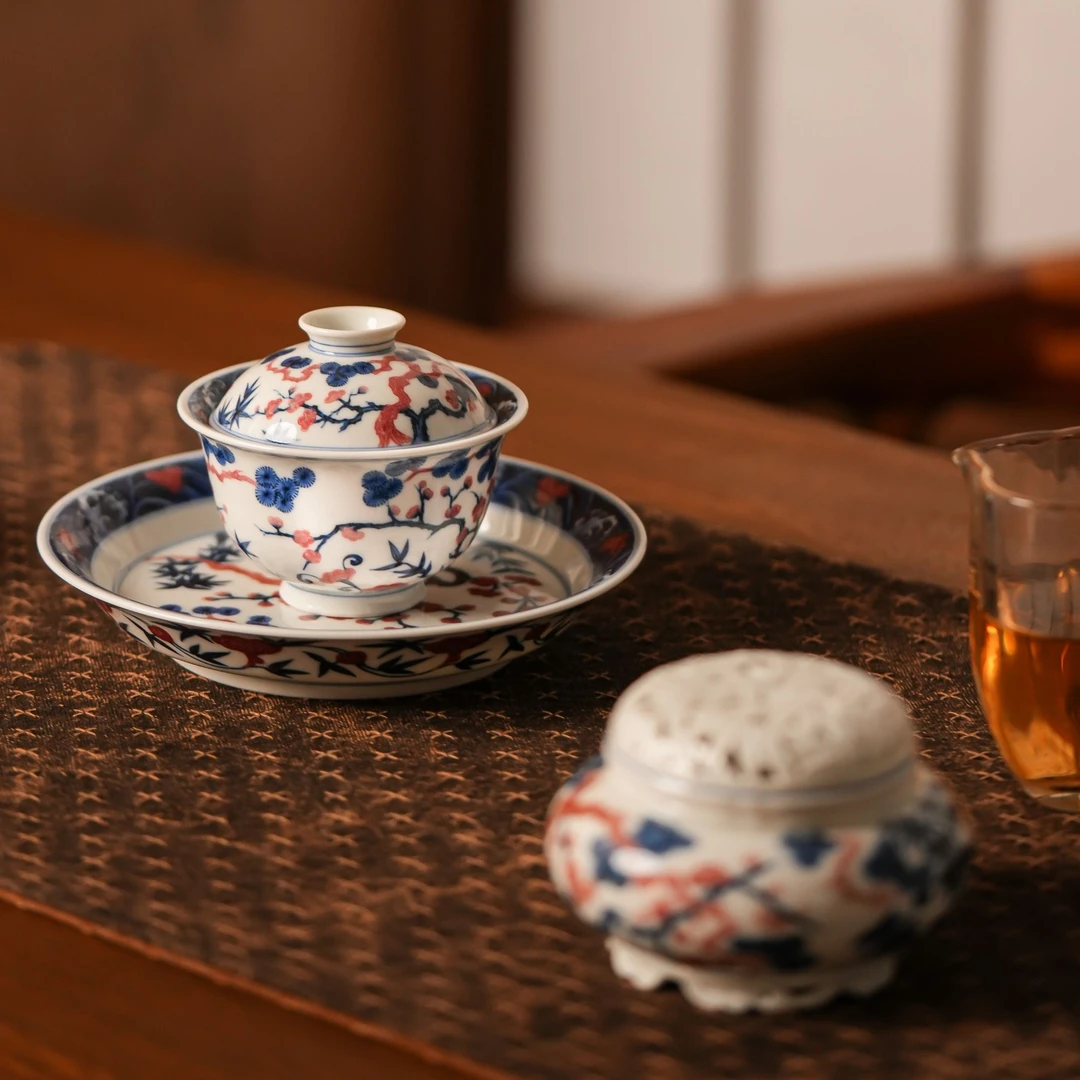 勤义堂 青花釉里红松竹梅盖碗110ml壶承17cm主人杯75ml