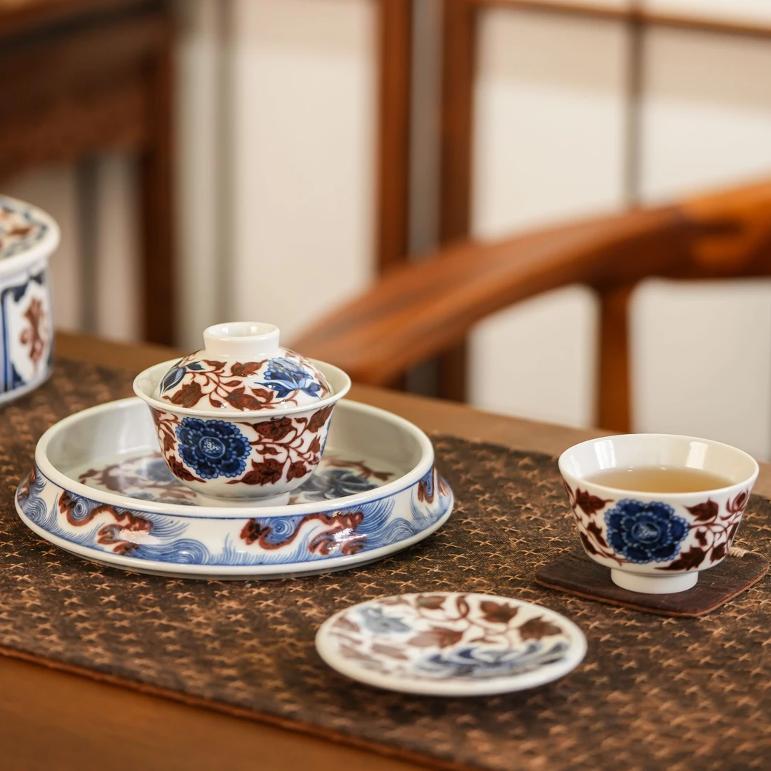 畅怀堂青花釉里红牡丹盖碗110ml马蹄杯100ml壶承上17.5cm下19.5cm