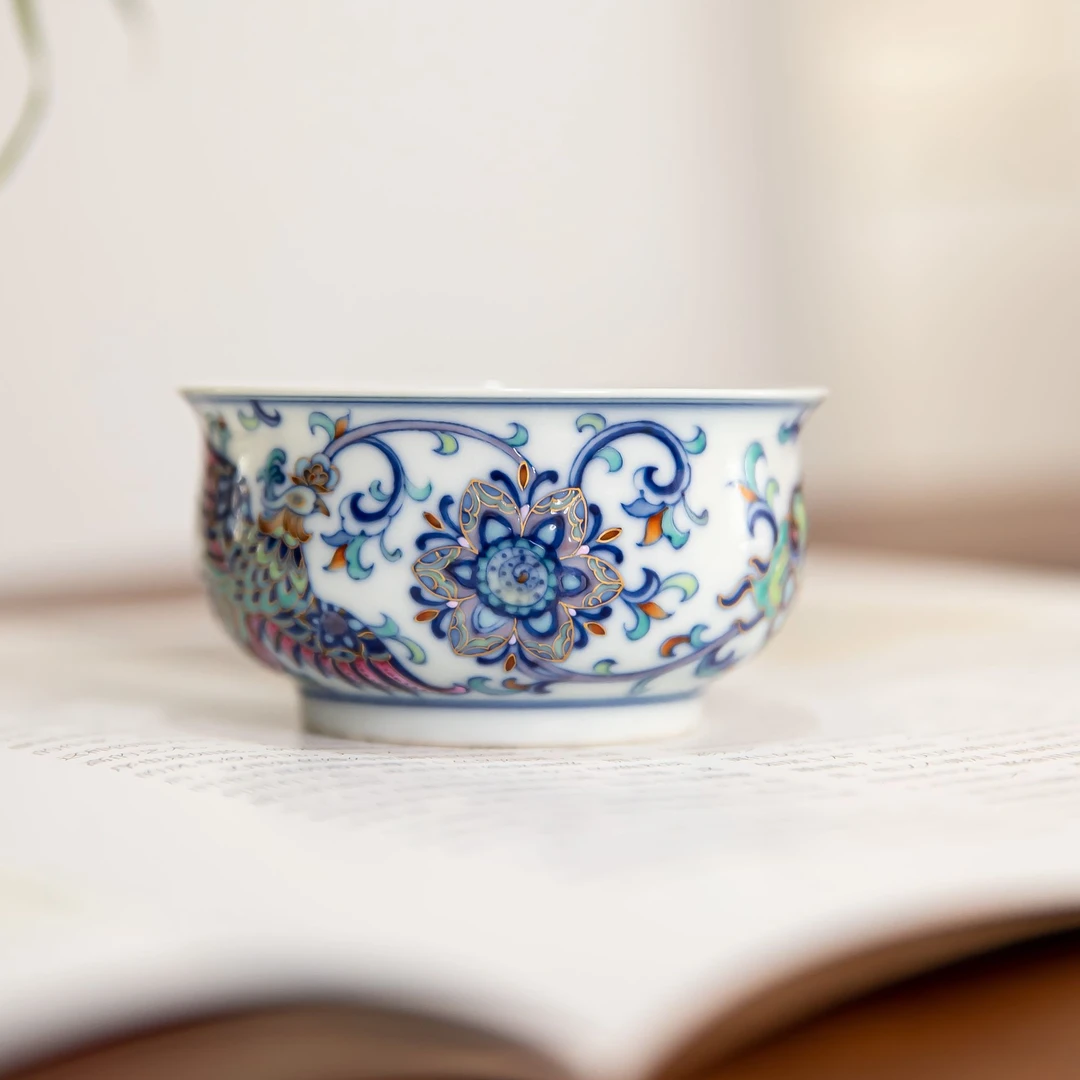 玗琪轩 柴窑斗彩描金凤凰如是杯60ml品茗杯景德镇手绘高端茶器