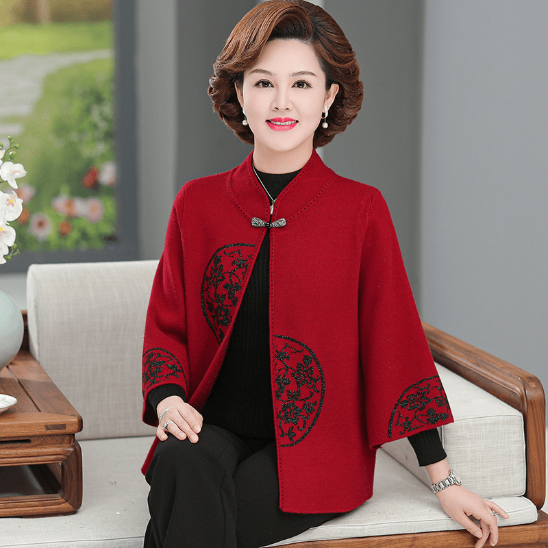 B105洋气妈妈秋冬装针织开衫高贵中老年人女装毛衣外套奶奶装上衣