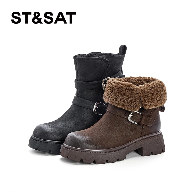 星期六马丁女靴加绒保暖两穿短靴2024年冬季新款皮毛一体雪地靴
