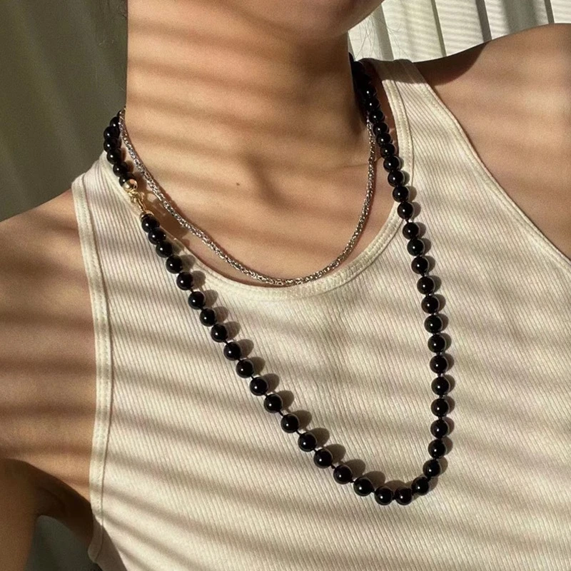 铜项链 ins同款黑瑙项链女轻奢复古黑珠锁骨链T恤链