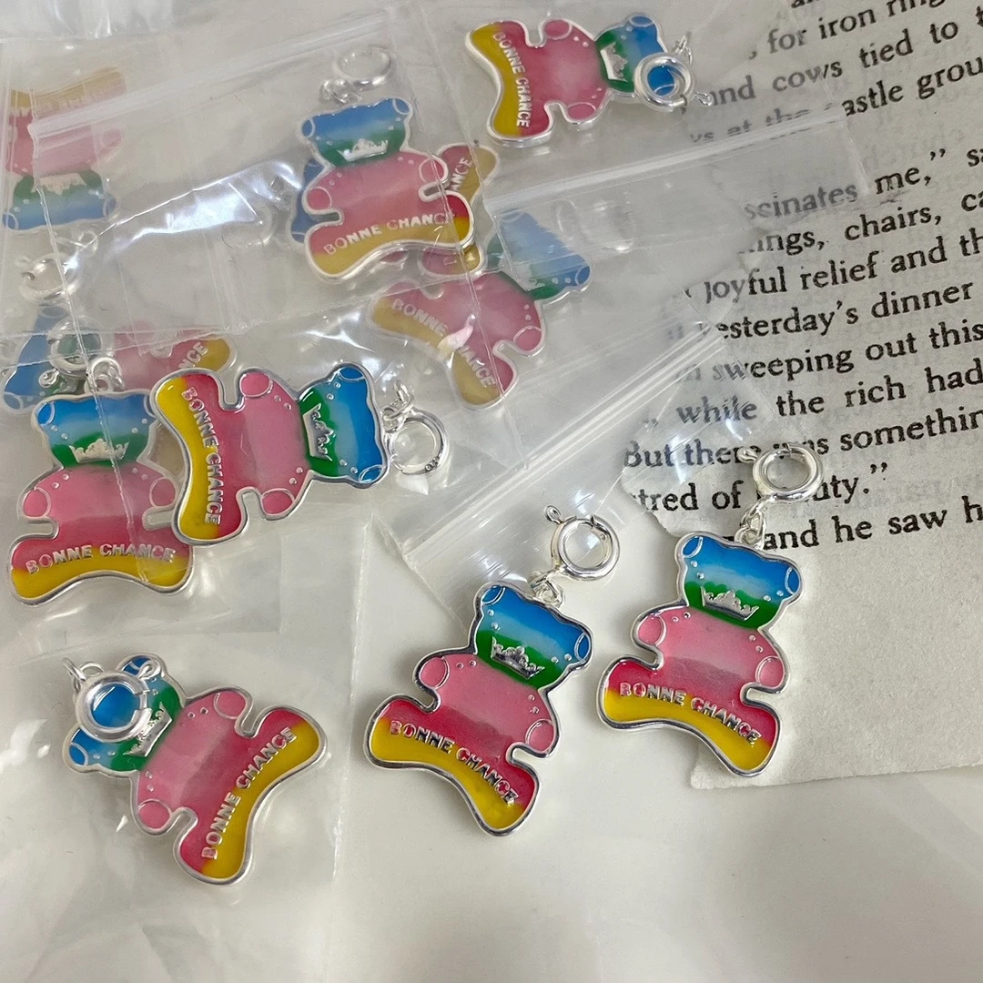 吊坠925银 925彩虹拼色珐琅小熊小清新吊坠女款可爱卡通小吊坠