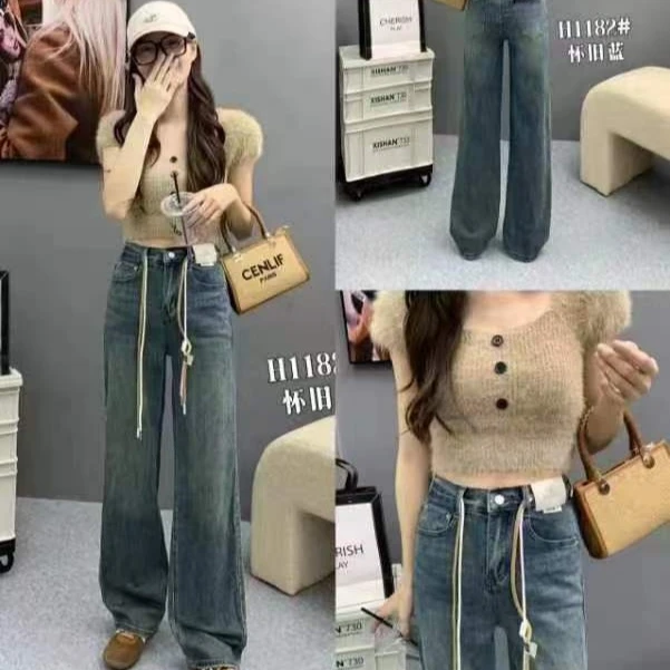 H1182春款怀旧蓝牛仔直筒女裤休闲显瘦 时尚青春复古宽松高腰百搭