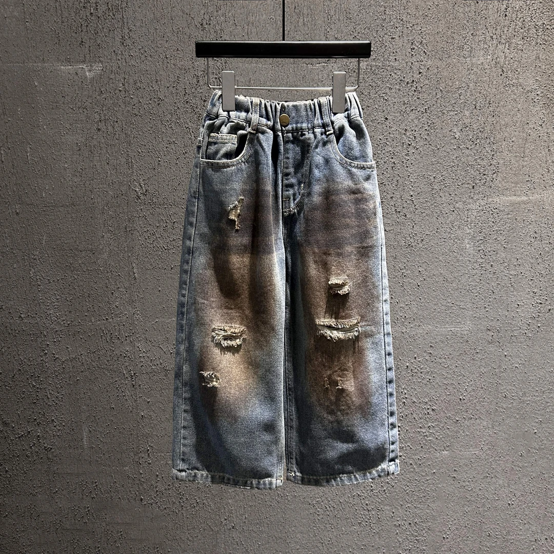 【裔kids】韩国童装休闲百搭长裤男童喷绘牛仔裤做旧款长裤7257