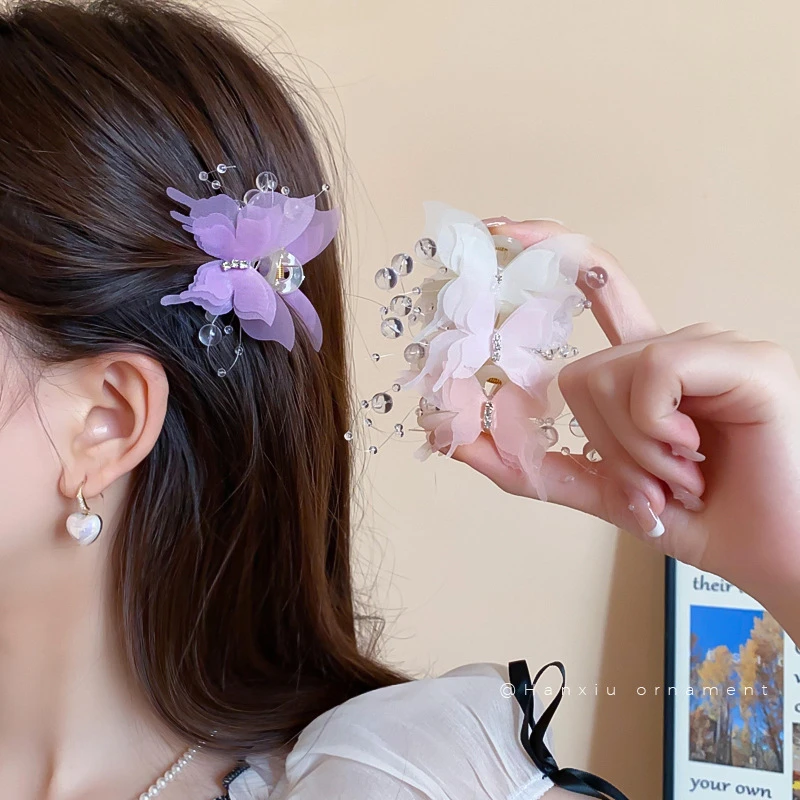 超仙网纱蝴蝶泡泡发夹森系氛围感半扎发抓夹唯美高级感发饰头饰女