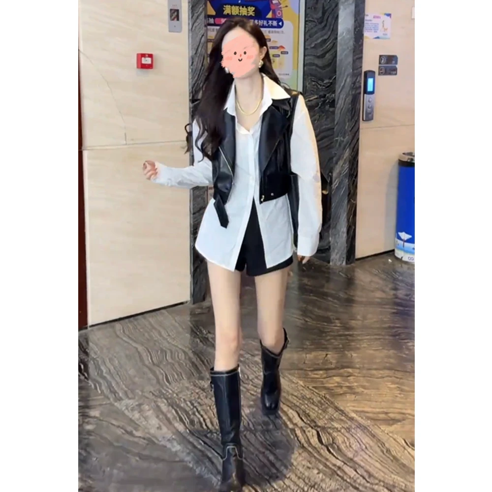 秋季新款设计感慵懒风休闲长袖内搭衬衫复古皮衣马甲外套显瘦短裤