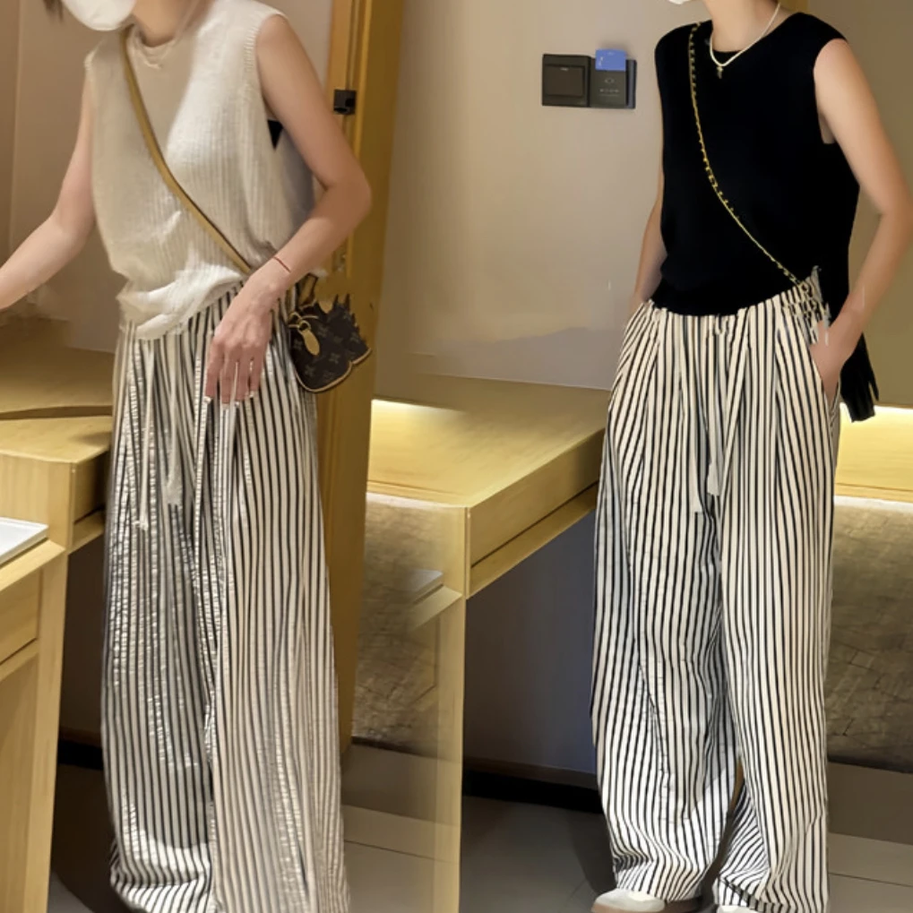 夏季新款冰丝镂空露背无袖圆领时尚针织衫条纹高腰显瘦直筒阔腿裤