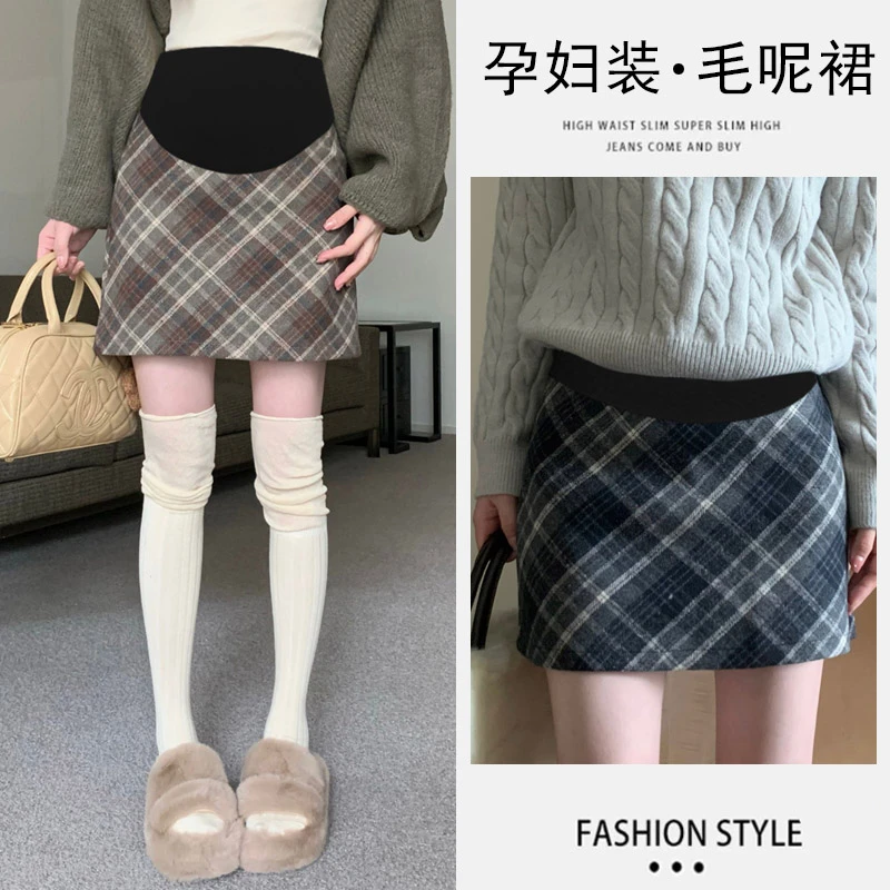 孕妇装半身裙高腰托腹日韩系格子毛呢裙秋冬复古防走光外穿a字裙