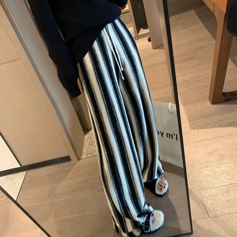 孕妇裤子秋冬时髦复古针织条纹渐变宽松高腰阔腿裤垂感休闲直筒裤
