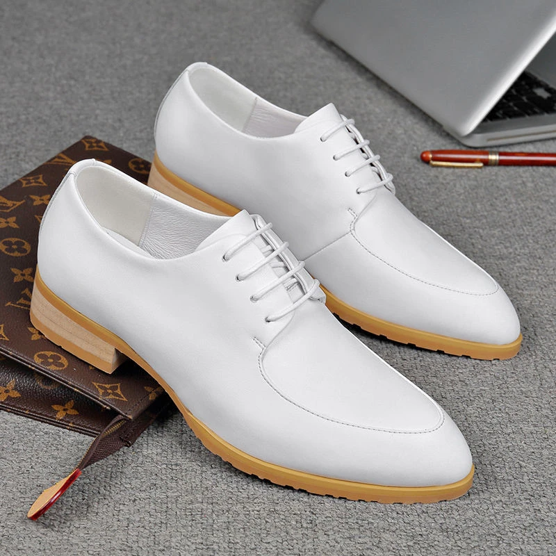 高颜值新款尖头皮鞋男真皮青年发型师皮鞋英伦商务休闲白色高跟鞋