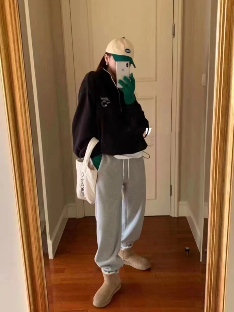 冬季加绒加厚卫裤婴儿绒韩国ins时尚卫裤女保暖灰色冬款休闲裤