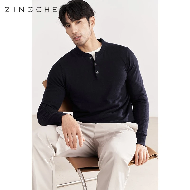 【可机洗棉山羊绒】ZINGCHEN亨利领针织毛衣男秋冬黑色打底衫毛衣
