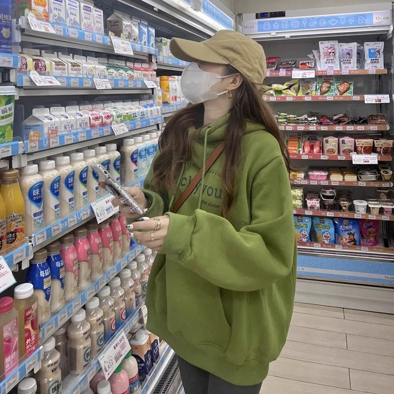 绿色连帽宽松卫衣女加绒秋冬韩版oversize潮慵懒风印花中长款外套